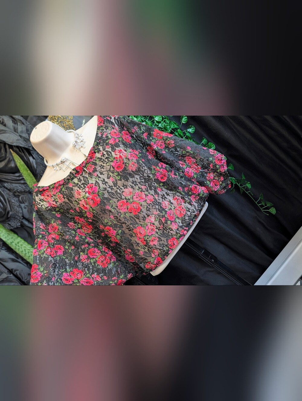 Poof Sheer Lace & Rose Floral Batwing Crop Top MD